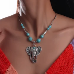 Bohemian Ethnic Big Statement Elephant Necklaces for Women Turquoise Natural Stone Tibetan Silver Pendants Necklaces  Bijoux