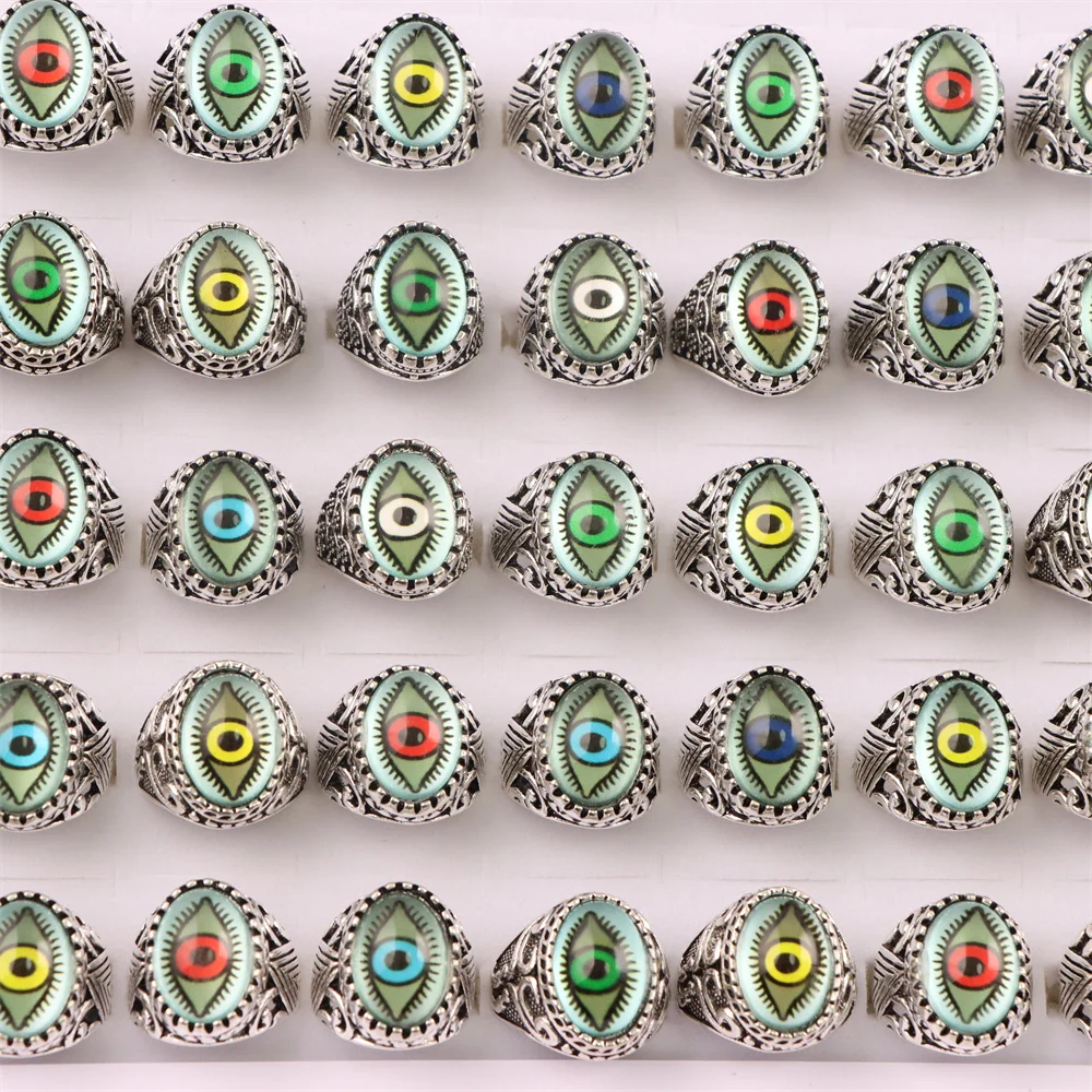 50Pcs/Lot Gothic Punk Evil Eye Antique Silver Plated Metal Rings For Women Men Mix Style Party Jewelry Gifts Wholesale