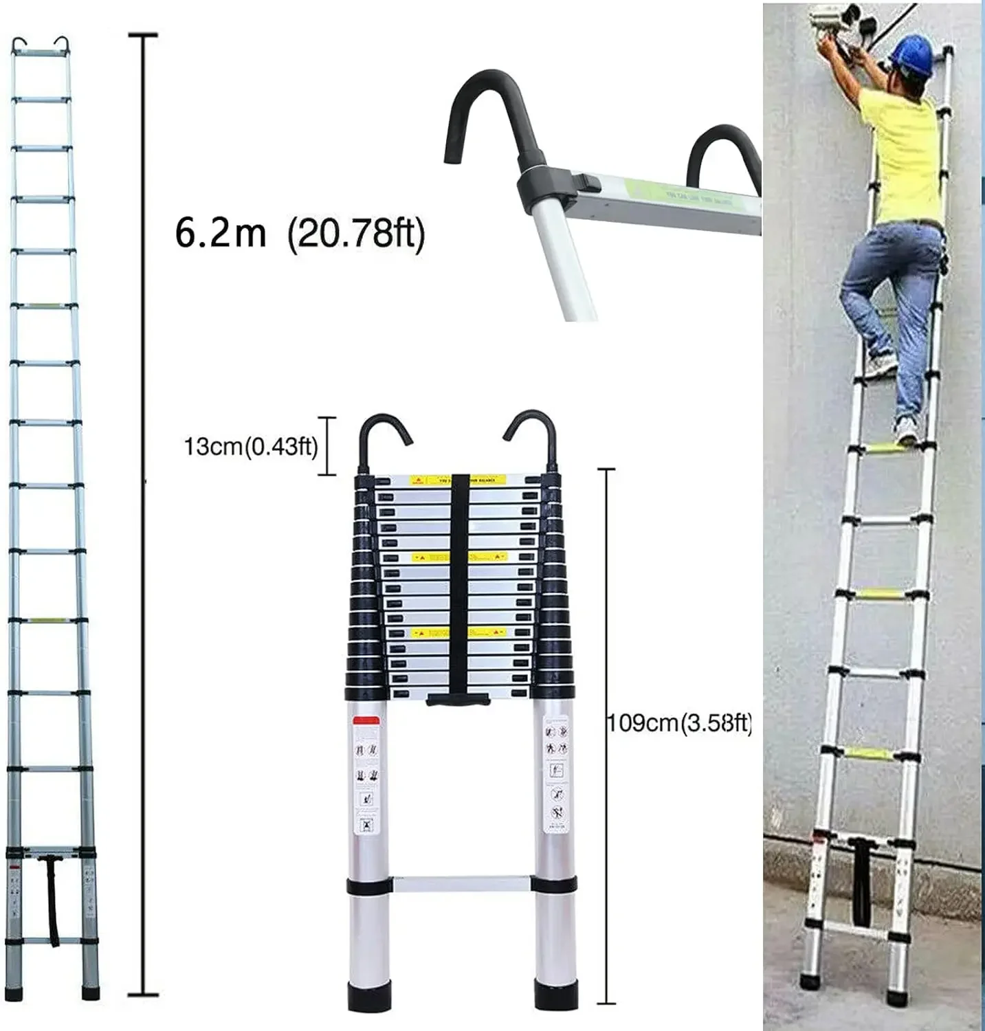 Telescoping Ladder 20FT Extension  with 2 Detachable Hooks Aluminum Telescopic Ladder Collapsible