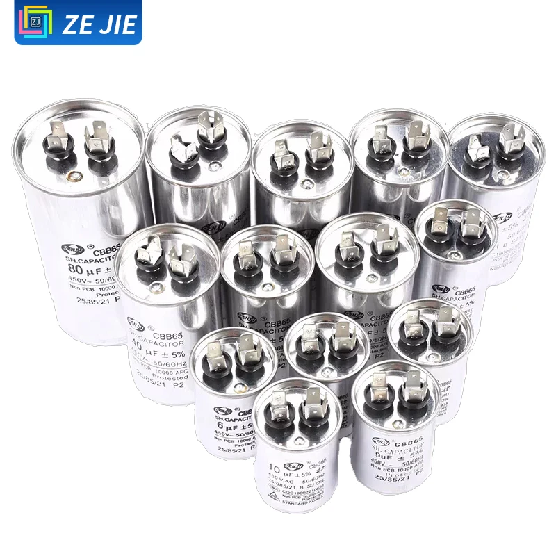 CBB65 Air Conditioner Compressor Run Capacitor, 450V, Capacitance: 5/20/25/30/35/40/45/50/60/70μF
