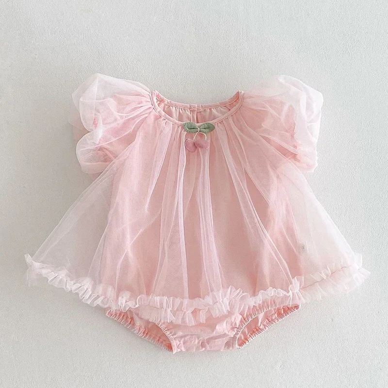 2025 New Summer Newborn Baby Girls Romper Short Sleeved Cotton Mesh Splicing Korean Style Climbing Suit 0-24M Baby Clothing
