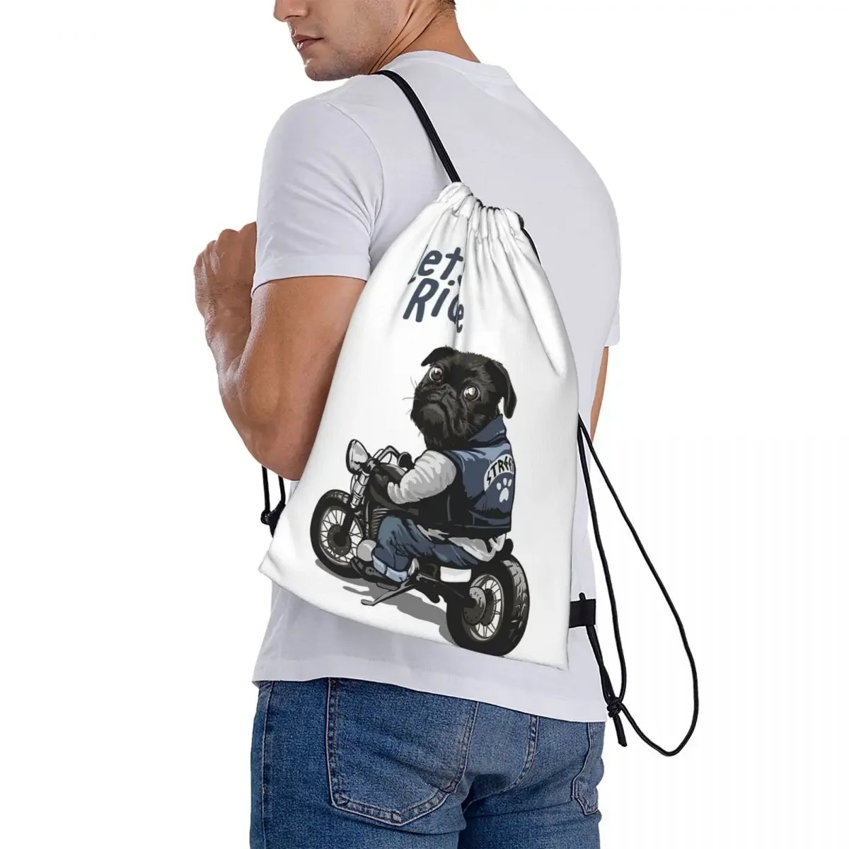 Let's Ride-mochila con cordón para motocicleta, bolsa deportiva con bolsillo, color negro, para perro Pug