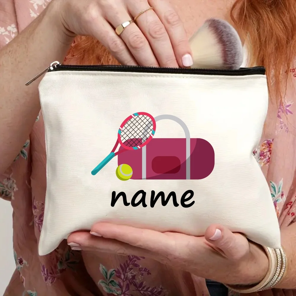 Customizable Tennis Themed Makeup Bag with Personalized Name Large Capacity Foldable Zippered Cosmetic Pouch for Travel