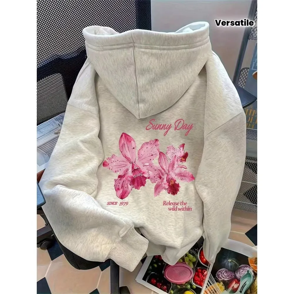 Lässiger Damen-Hoodie mit langen Ärmeln, Buchstaben- und Blumenmuster auf der Rückseite, modischer, lässiger Hip-Hop-Sweatshirt im Harajuku-Stil, Unisex – Detail 2