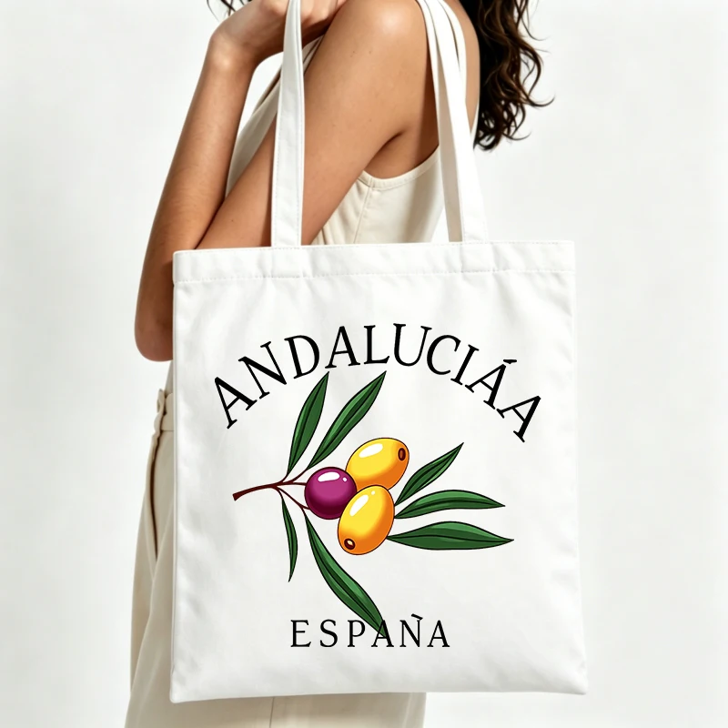 olive branch and typography print canvas tote bag, casual style for daily shopping and summer outings