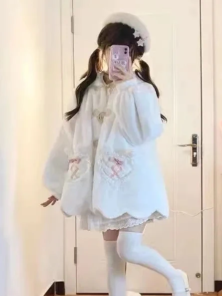 

Женское осенне-зимнее теплое пальто с милыми кроличьими ушками, мягкая одежда в стиле Лолиты для девочек, модная и уютная верхняя одежда