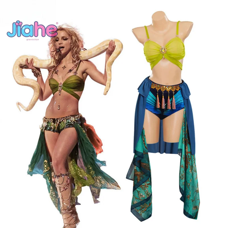 브리트니 스피어스 슬레이브 코스프레 의상 블루 무대 공연 댄스 드레스 섹시한 브라 반바지 스커트 여성 할로윈 카니발 의상