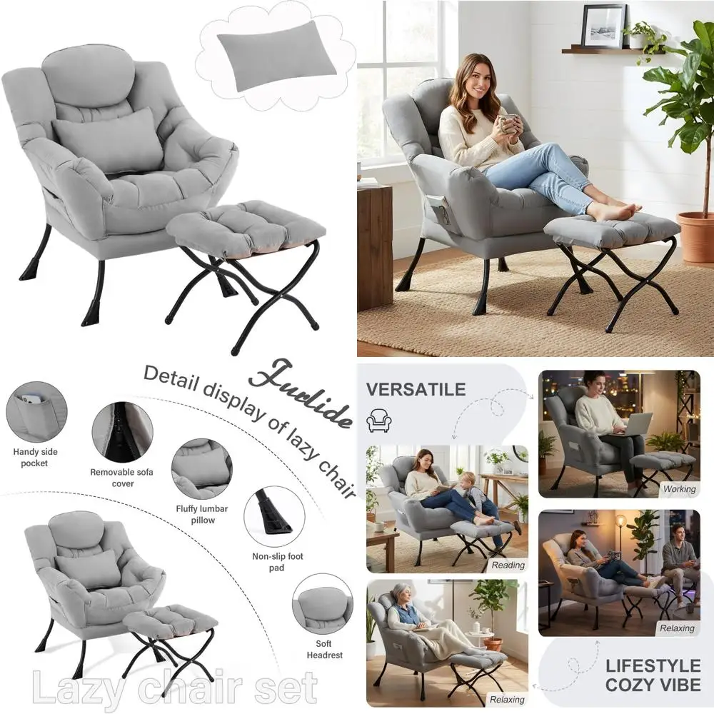 Contemporary Relaxing Chair with Ottoman and Lumbar Support Pillow, Ideal for Cozy Reading and Folding Footrest in Bedrooms