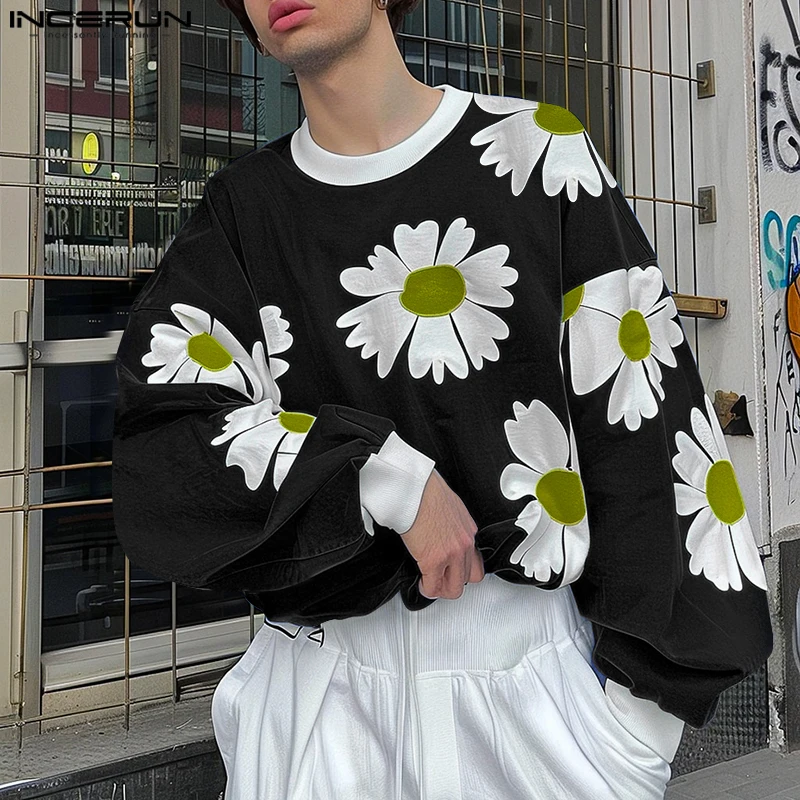 2024 Commuting Daily Jumpers INCERUN Men Floral Printing Pullovers Casual Round Neck Sweatshirts Lantern Long Sleeve Hoodies