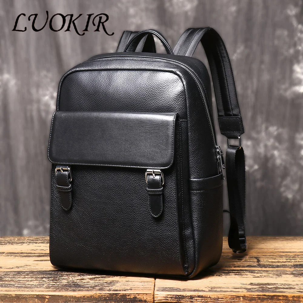 LUOKIR New Unisex Genuine Leather Backpack for Travel, Large Capacity Business Commuter Laptop Bag with Trolley Sleeve