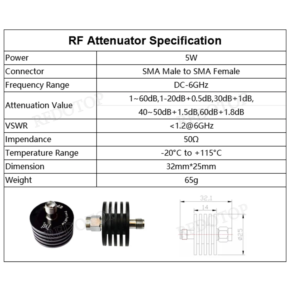 5W DC-6.0GHz 1~60dB SMA Male Plug to SMA Female Jack Connector RF Attenuator SMA Fixed Connectors 304 Stainless Steel 50 Ohm