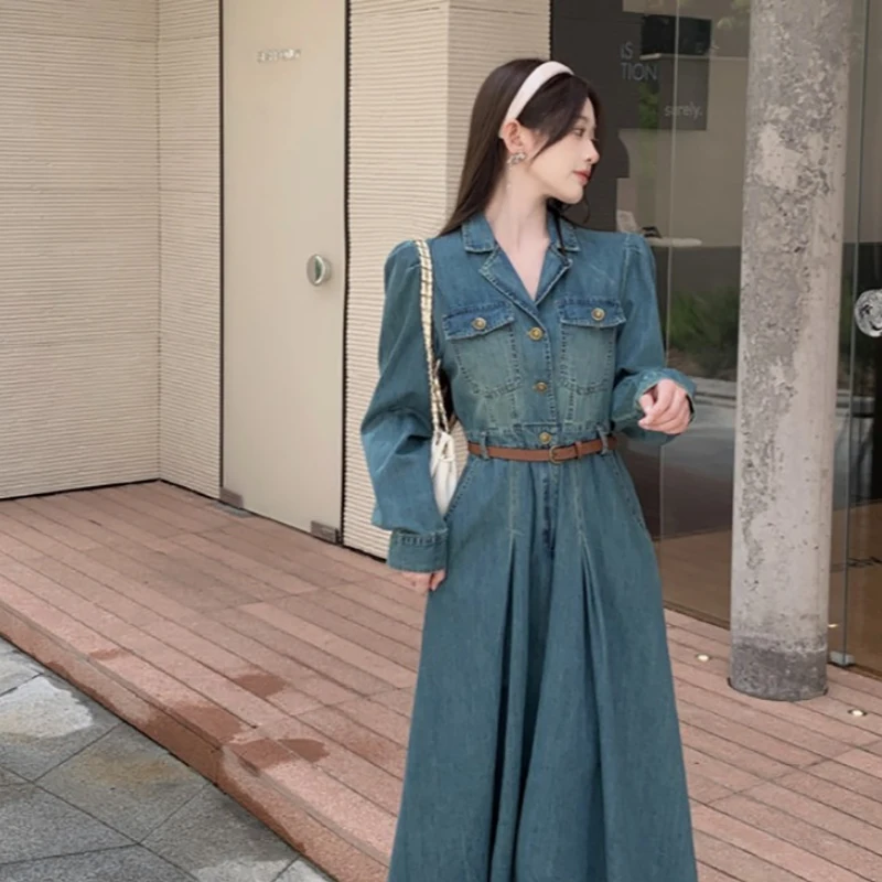 

Plus Sized Retro Full Sleeve Women Denim Dress Fashion Turn-down Collar A-line Long Jean Dress Elegant Autumn Ladies Dress