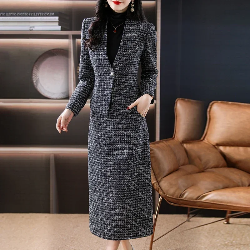 High-end Professional Jacket Skirt Suits Women Autumn Winter Temperament Elegant Slim-fit Coat + Long Skirt Lady Two-piece Set