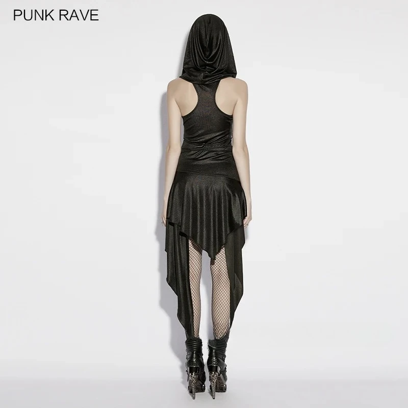 PUNK RAVE Women's Wasteland Glossy Knit & Mesh Hooded Dress Sharp Handsome Skirt Cutting Female Warrior Personalized Dresses