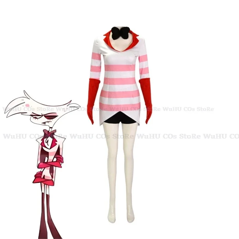 Anime Hazbin Cosplay Figurino Feminino, Roupas de Hotel, Uniforme, Pó de Anjo, Vestido Sexy, Listras Vermelhas e Brancas, Festa de Halloween