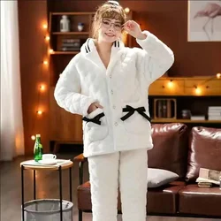 Famale Three Layers Coral Fleece Cotton Pajamas Women's Winter Thick Flannel Loungewear Girl Long Sleeve Plus-size Sleepwear Set