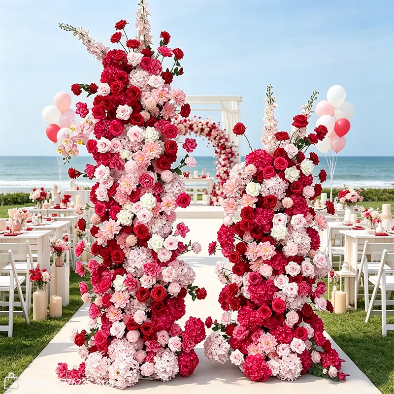 Knallrosa-weiße Rosen-Hortensien-Kunstblumen-Säulenständer für den Außenbereich, Garten, Pavillon, Hochzeitseingang, Dekoration, Hintergrunddekoration – Detail 4