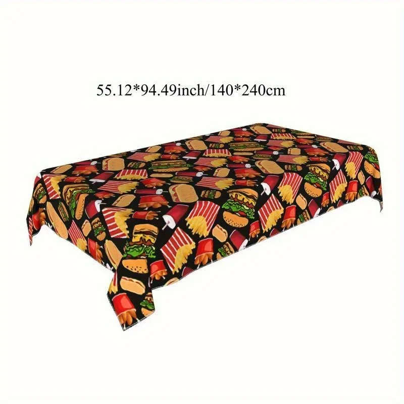 One colorful food-themed tablecloth featuring patterns of hamburgers, hot dogs and french fries - , yzb