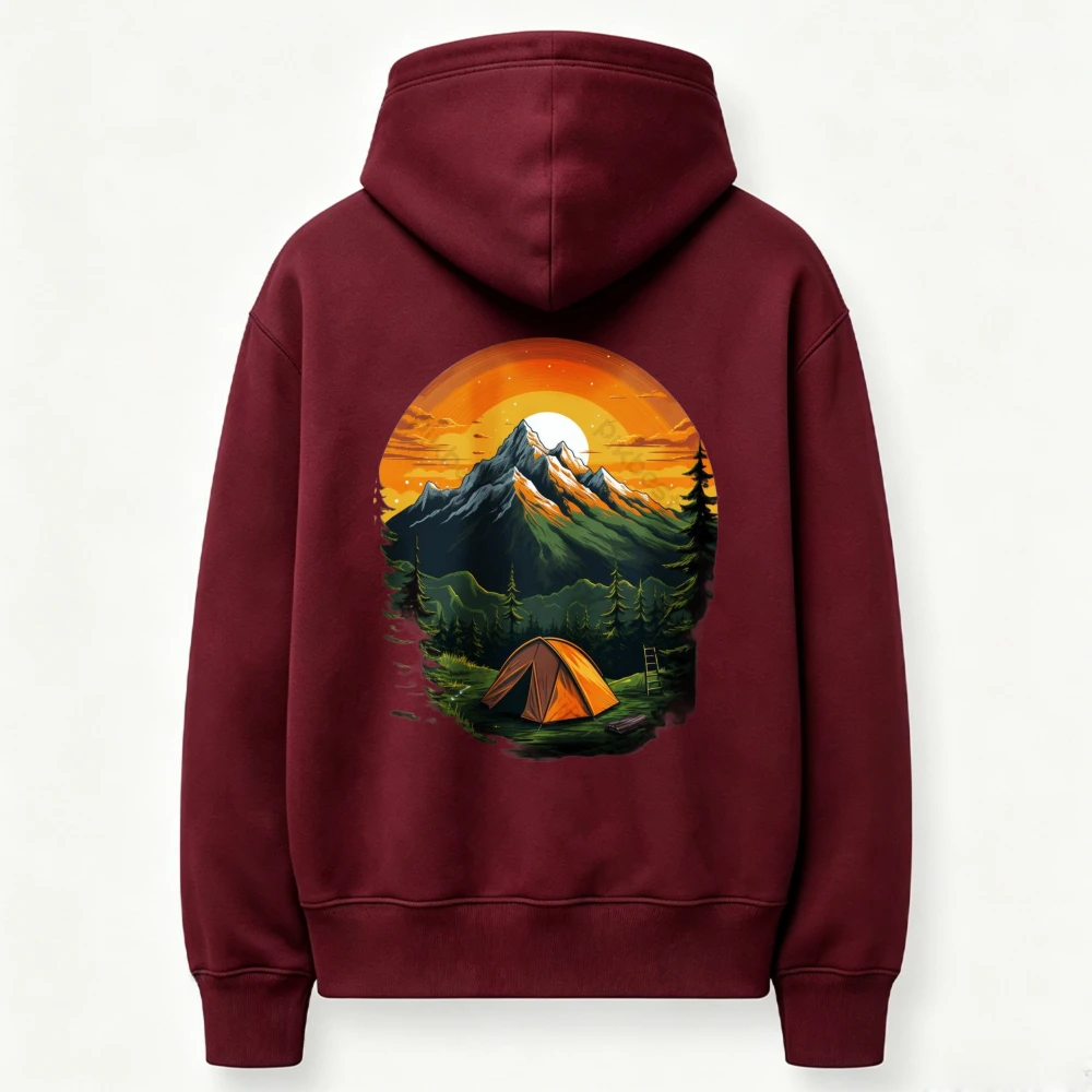 Sudadera con capucha y estampado gráfico de una tienda de campaña en un atardecer de montaña, ideal para actividades al aire libre, aventuras en el bosque y en la naturaleza. Sudadera con capucha para senderismo, de estilo informal.