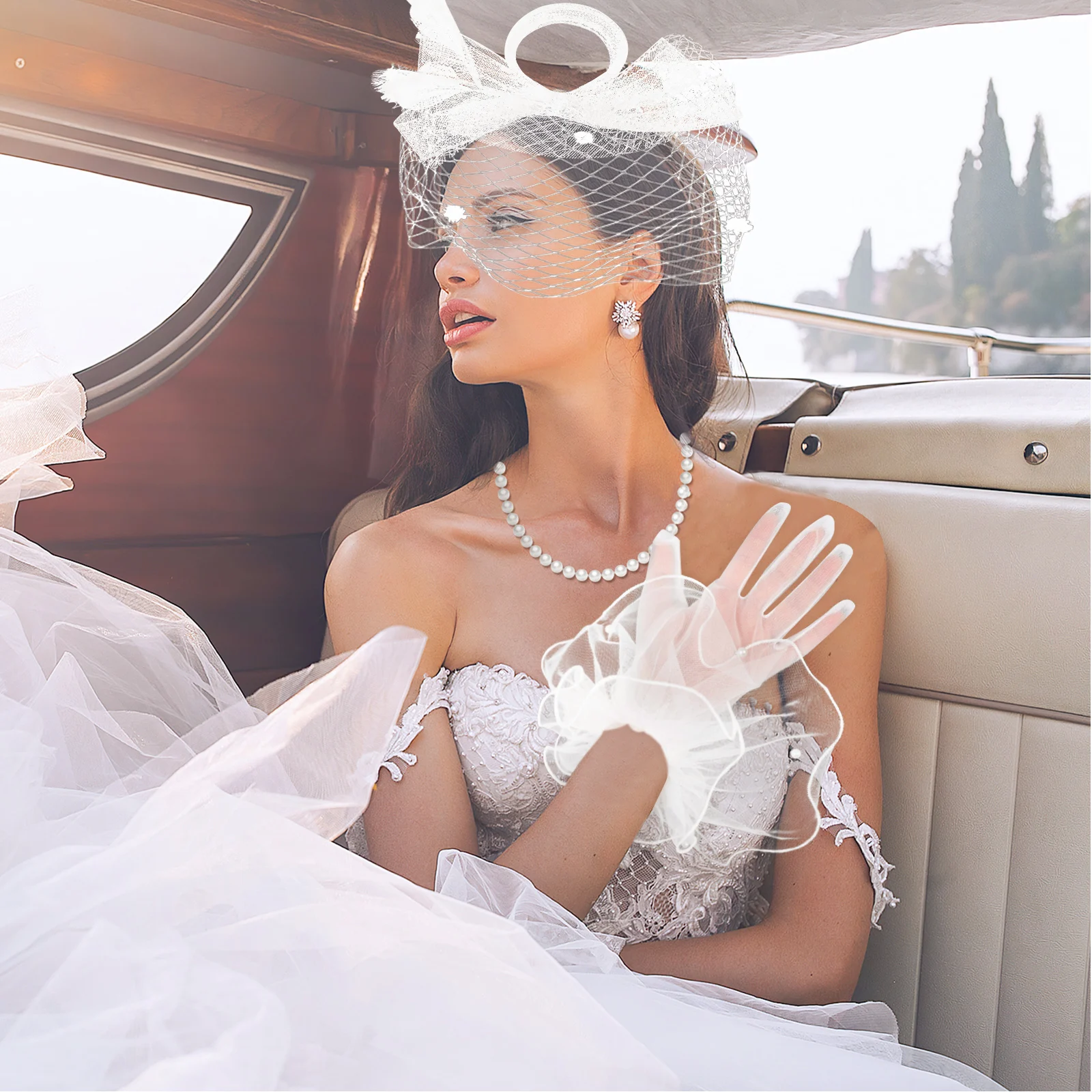 

Wedding Bridal Accessories White Tulle Lace Women Short Wedding Formal Dressy Bride Gloves Elegant Crimping Gloves Versatile