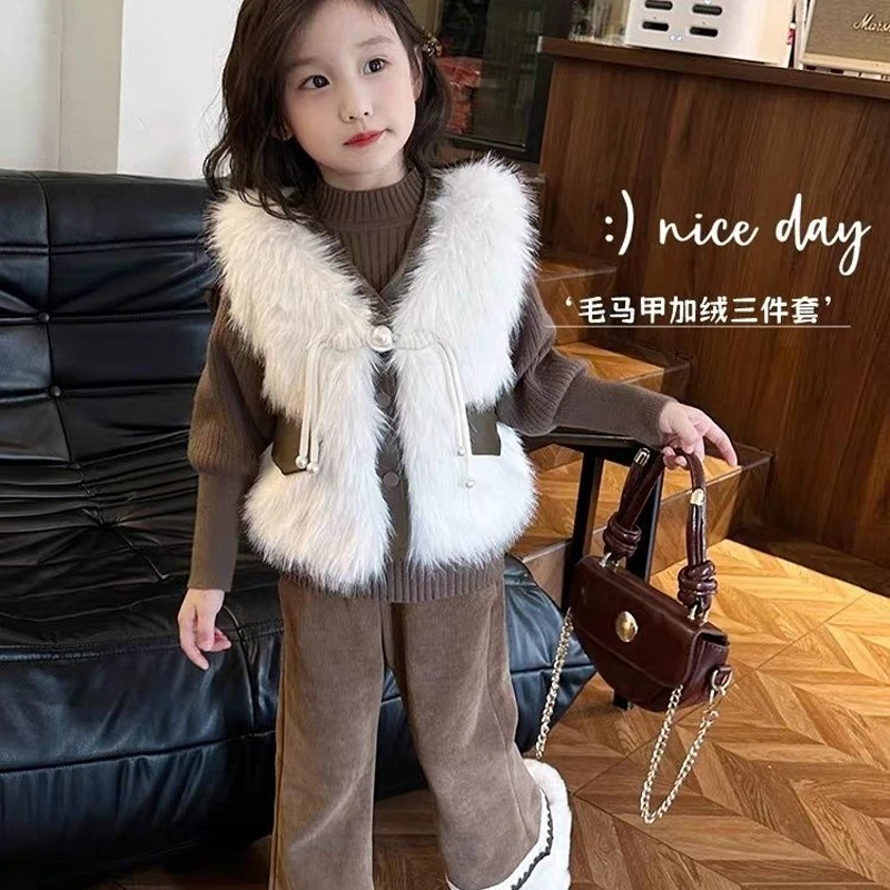 Winter Childent Loose Bow Coat Thick Warm Artificial fur Vest + Tshirt+ bell-bottoms Pants Cotton Girls Jacket Casual Outwear