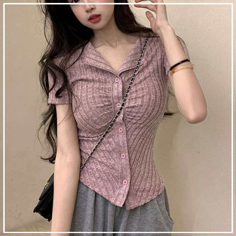 Pure Desire Style Women\'s Summer Korean Edition 2024 New Style Spliced Button Printed Fashion Slim Fold Short Sleeve Knitted Top