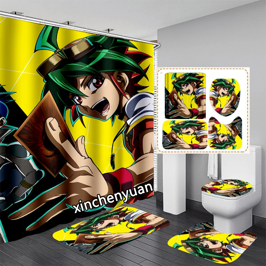 phechion Anime Yu-Gi-Oh 3D Print Waterproof Bathroom Shower Curtain Toilet Cover Mat Non-Slip Floor Mat (1/3/4Pcs) W62