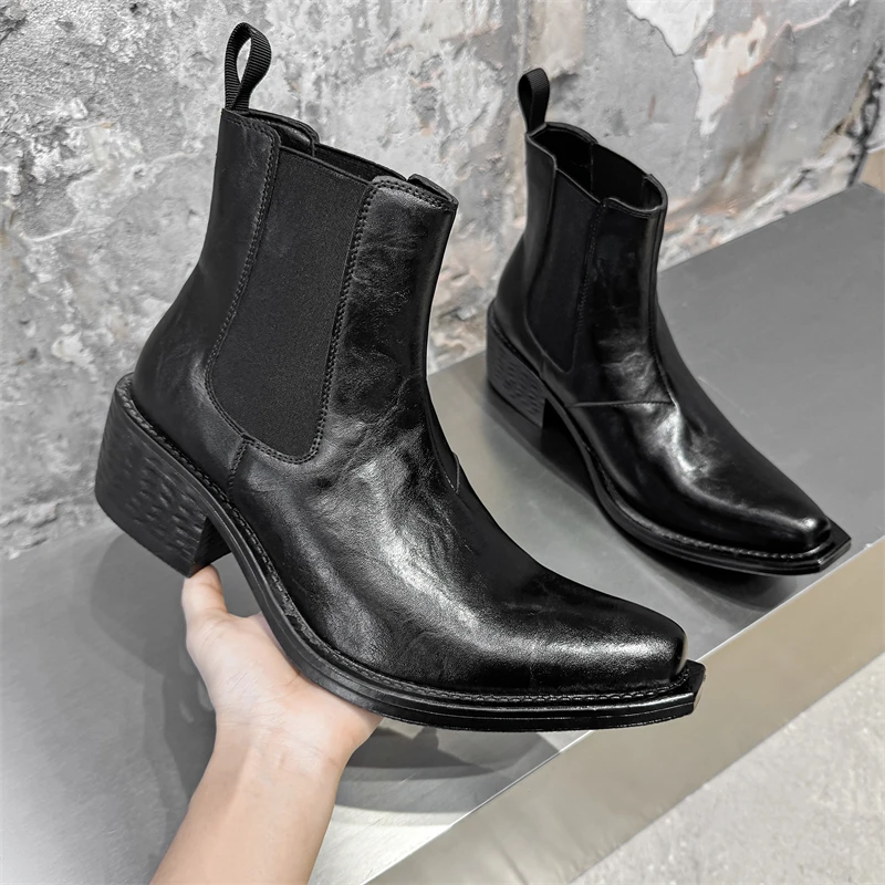 A Niche Men Pointed Chelsea Boot Thick Heel Upturned Personalized Fashionable Wizard Boot