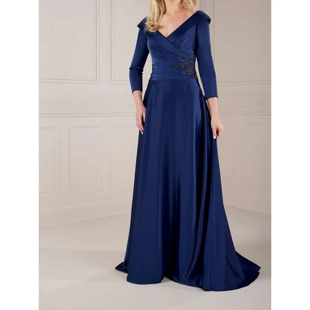 Navy Blue Mother of the Bride Dresses Side Pockets Elegant Satin Long Evening Party Dresses 3/4 Long Sleeves