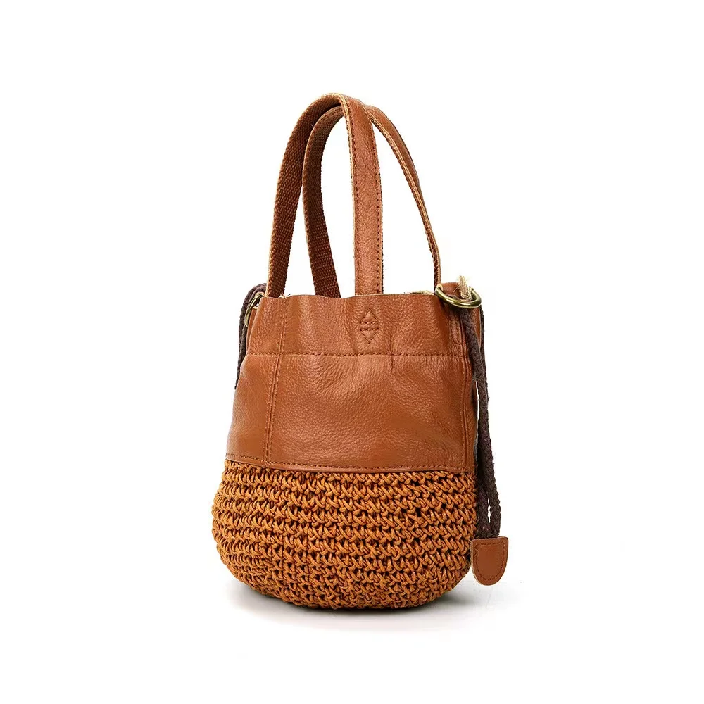 Genuine Leather Handmade Wax Rope Woven Women\'s Bag First Layer Cowhide Single Shoulder Messenger Small Bag Portable Bucket Bag