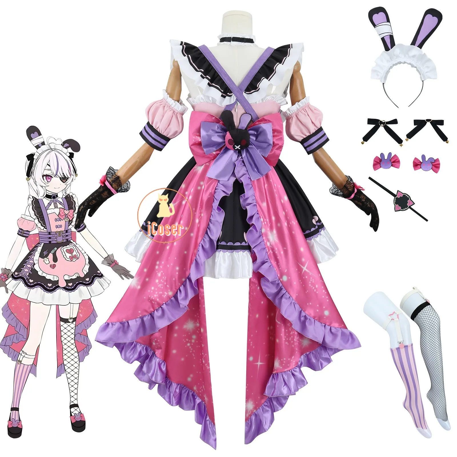 VTuber Maria Marionette Cosplay Costume Wig Dress 2nd Outfit Uniform Stocking Headband Halloween Party for Women - view 4
