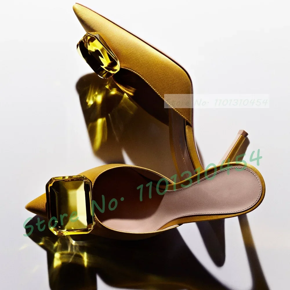 

Gem Yellow Satin Mules Women Luxury Stiletto Heels Summer Elegant Green Shoes Ladies Holiday Casual New Hot Crystal Slippers
