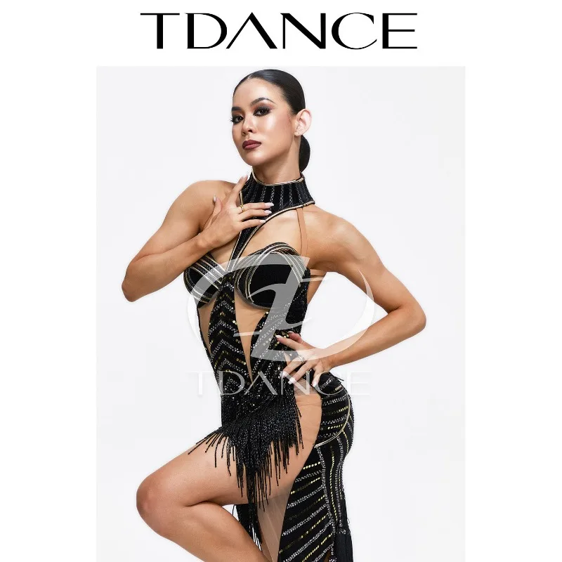 TDANCE Latin Dance Wear Competition Dress [Black Gold] Women's Tailored Design Sense Customized Flower Clothing CL16