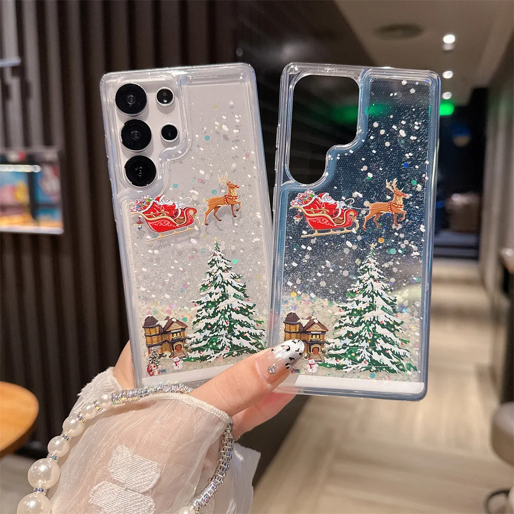 

S25 Ultra Case Glow In The Dark Merry Christmas Patterned Glitter Bling Cover For Samsung S24 S22 S23 Plus Capa With Wrist Strap