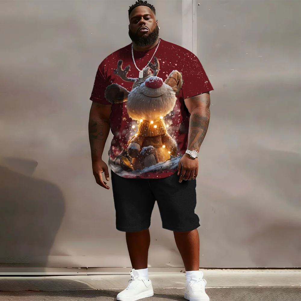 

S-9xl plus size Men's Short Sleeve Set: Goofy Animal Vibe - 2-Piece Big & Tall Fit, Soft Fabric, Quirky Cartoon Critters,