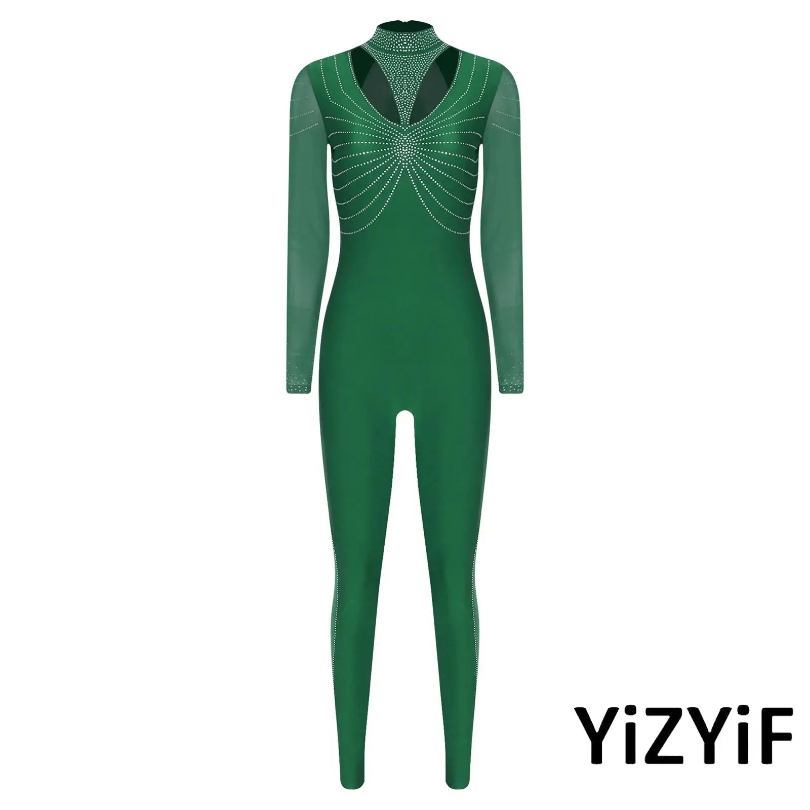 

Professional Grade Gymnastics Jumpsuit for Women Sparkling Rhinestone Mock Neck Long Sleeve Rompers for Stage Ballroom Show