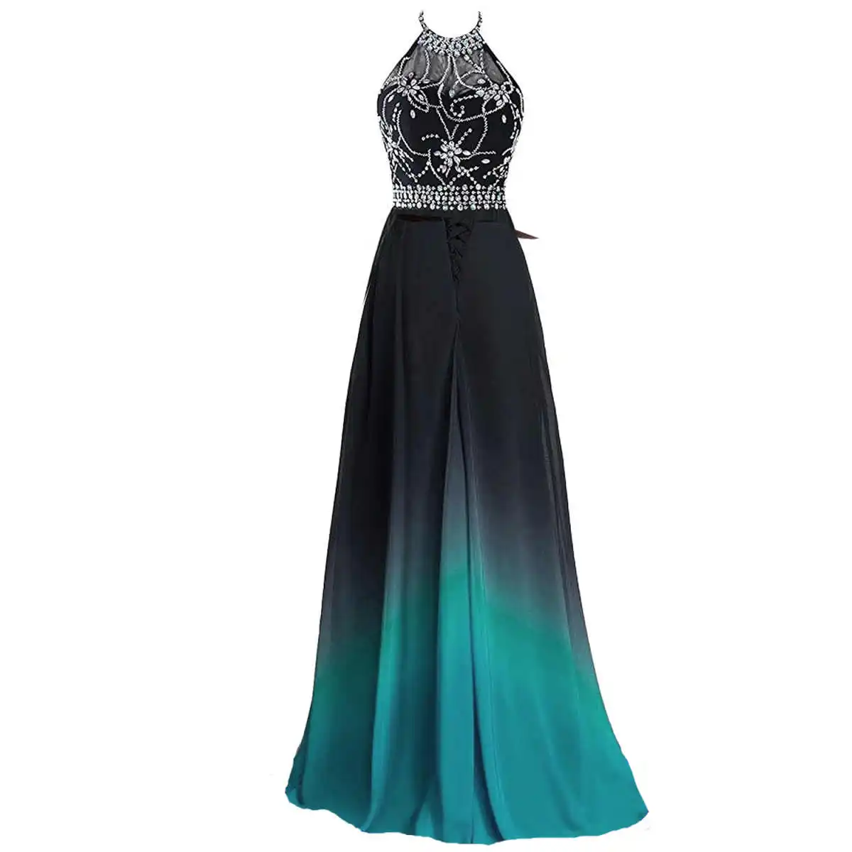 

KIVARY Прозрачные бисерные бретельки с бретелькой на шее, длинные трапециевидные шифоновые черные бирюзовые вечерние платья для выпускного вечера с градиентом