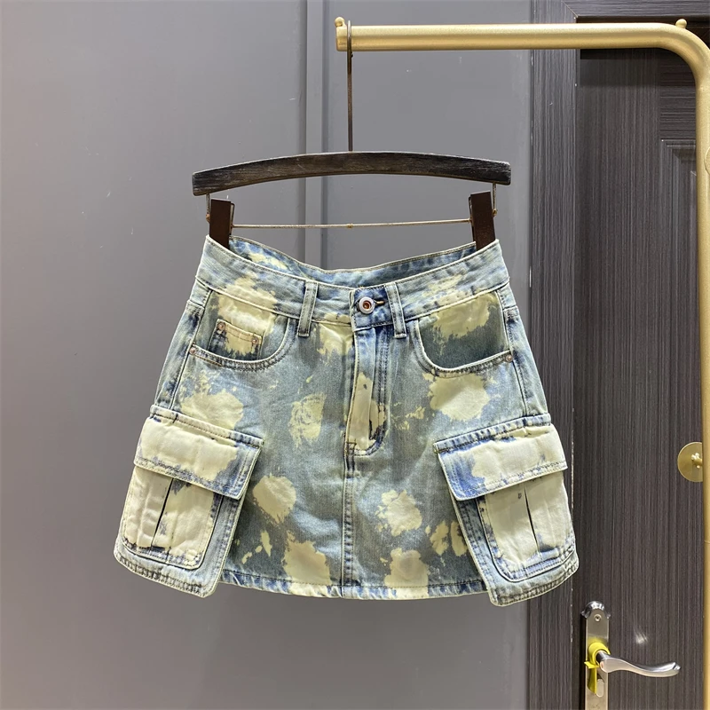 

BORVEMAYS Tie Dye Contrasting Colors Denim Skirts Women High Waist Pockets Decorate A-line Summer New 2024 WZ8483