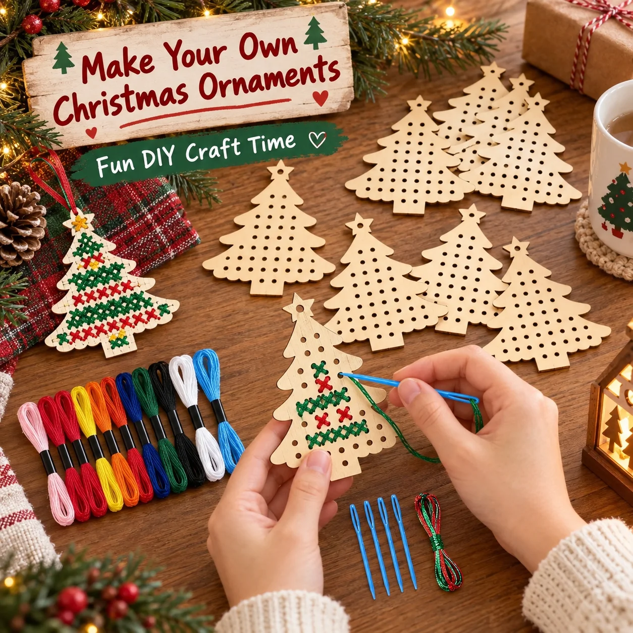 1Set Wooden Cross Stitch Kits Unfinished Cross Stitch Wood Ornaments for Hanging Decors DIY Craft