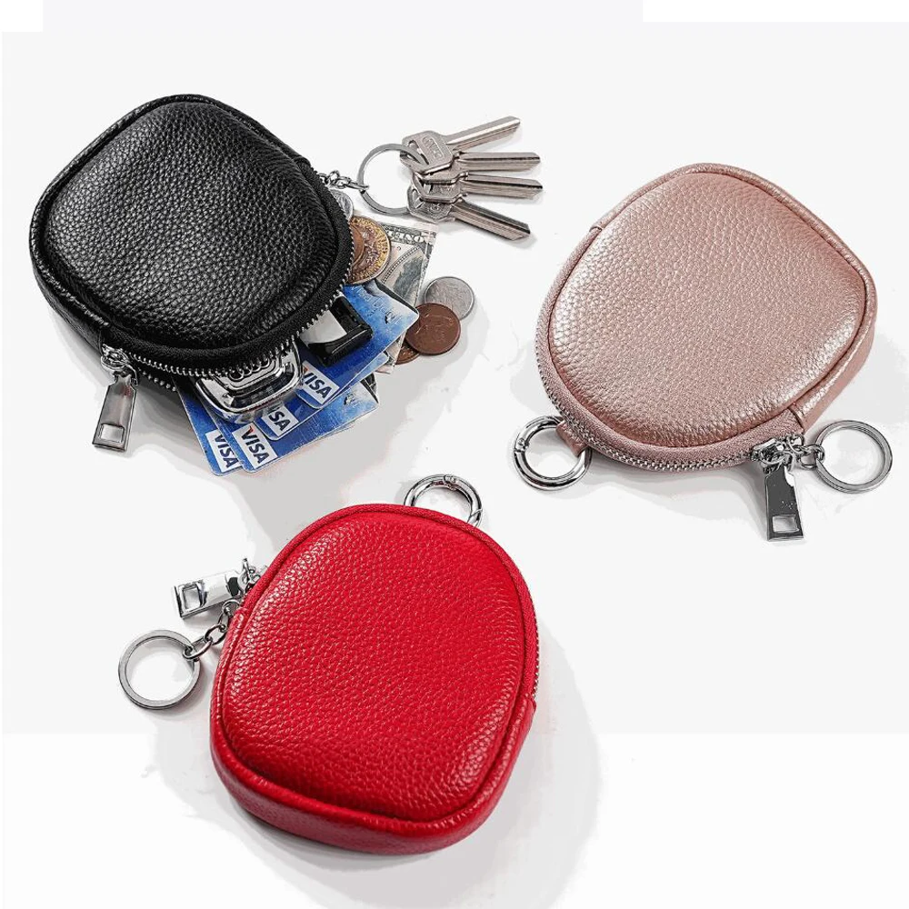 

Genuine Leather Zipper Coin Purse Change Wallet for Women Men Small Money Pocket Card Holder Key Ring Pouch Earphone Storage Bag
