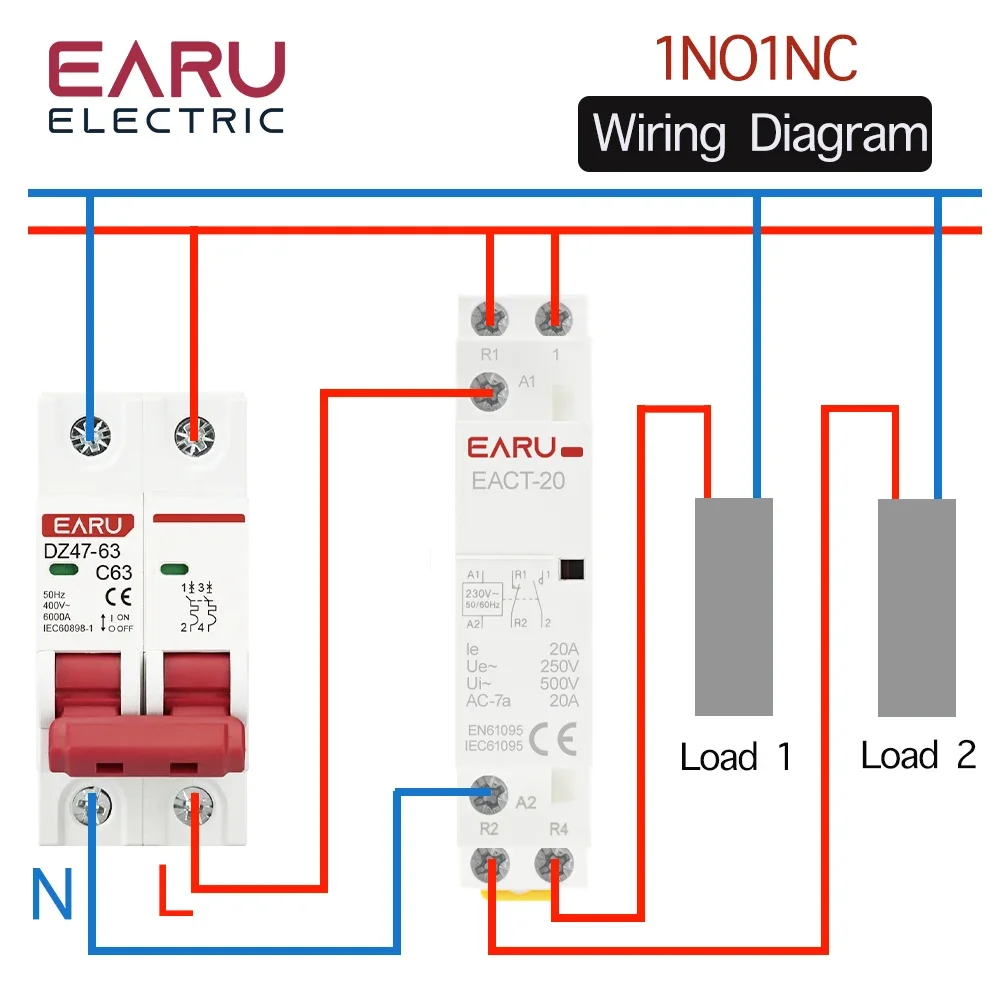 2P/4P 16-100A AC 110V/220V DC 12V/24V 50/60Hz Din Rail Household AC Modular Contactor Switch Controller DIY Smart Home Hotel