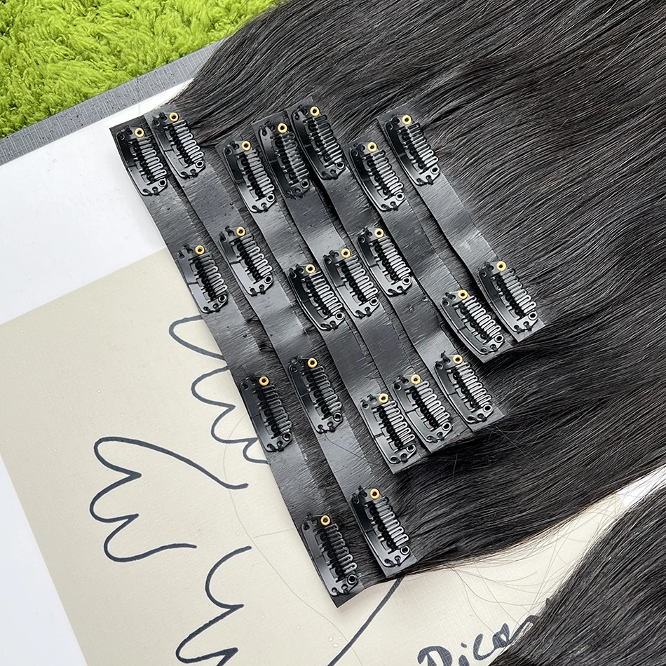 Straight Clip Ins Extensions 100% Human Hair 200 Grams/7Pcs/Bundle #1B Natural Black Color 18-24 Inch Full PU Weft Clips Hair