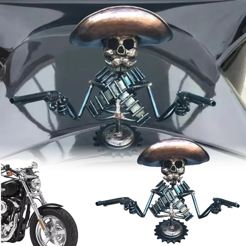 Harz-Autohauben-Dekor für Enthusiasten – Gunslinger-Skelett mit Waffendetails, handgefertigte Cowboy-Autoskulptur