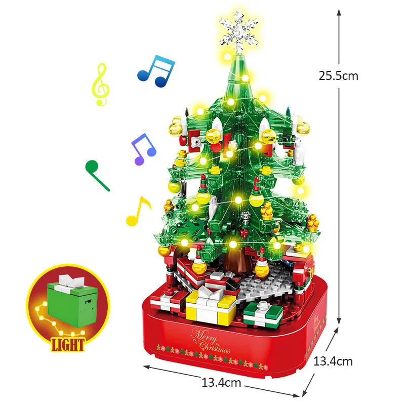 Rotating Christmas Tree Music Box Assembled Building Blocks LED Light Merry Xmas Bricks Gift for Children Kid Girl Boys