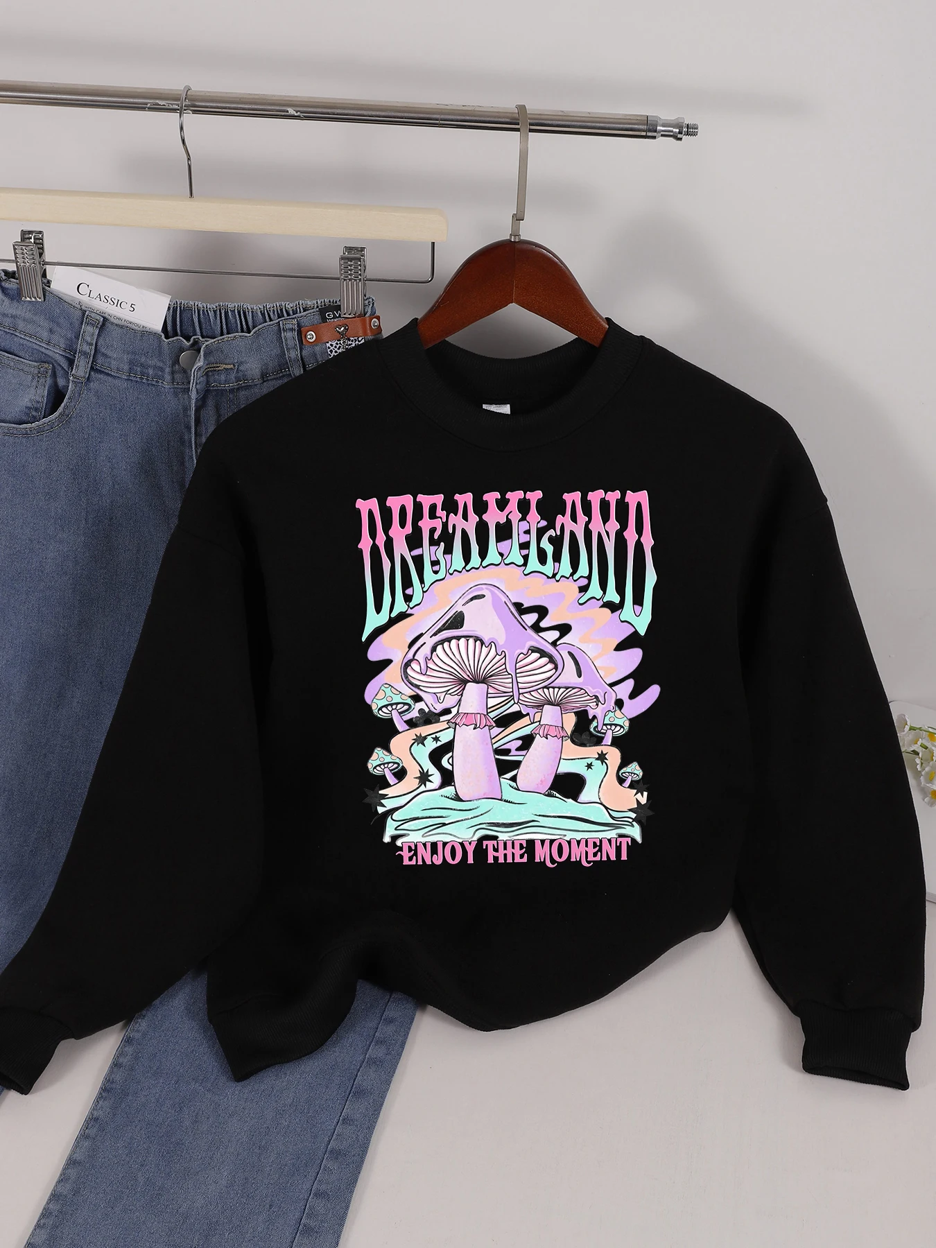 Dreamland الفطر استمتع باللحظة الطباعة هودي أساسيات المرأة مريح الشارع الشهير الخريف الشتاء بلوزات لينة ملابس كاجوال #1