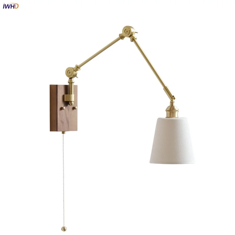 

IWHD Pull Chain Switch LED Wall Lights Coffee Reading Walnut Wood Modern Ceramic Up Down Left Right Rotate Bedside Lamp Sconce