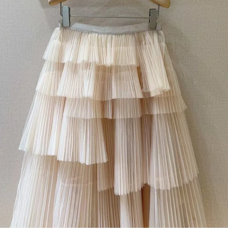 Ballkleid-Röcke 2025, Herbst-Designer-Modekleidung für Damen, kaskadierende Rüschen, sexy, asymmetrisch, Aprikose, schwarz, lange Netzröcke