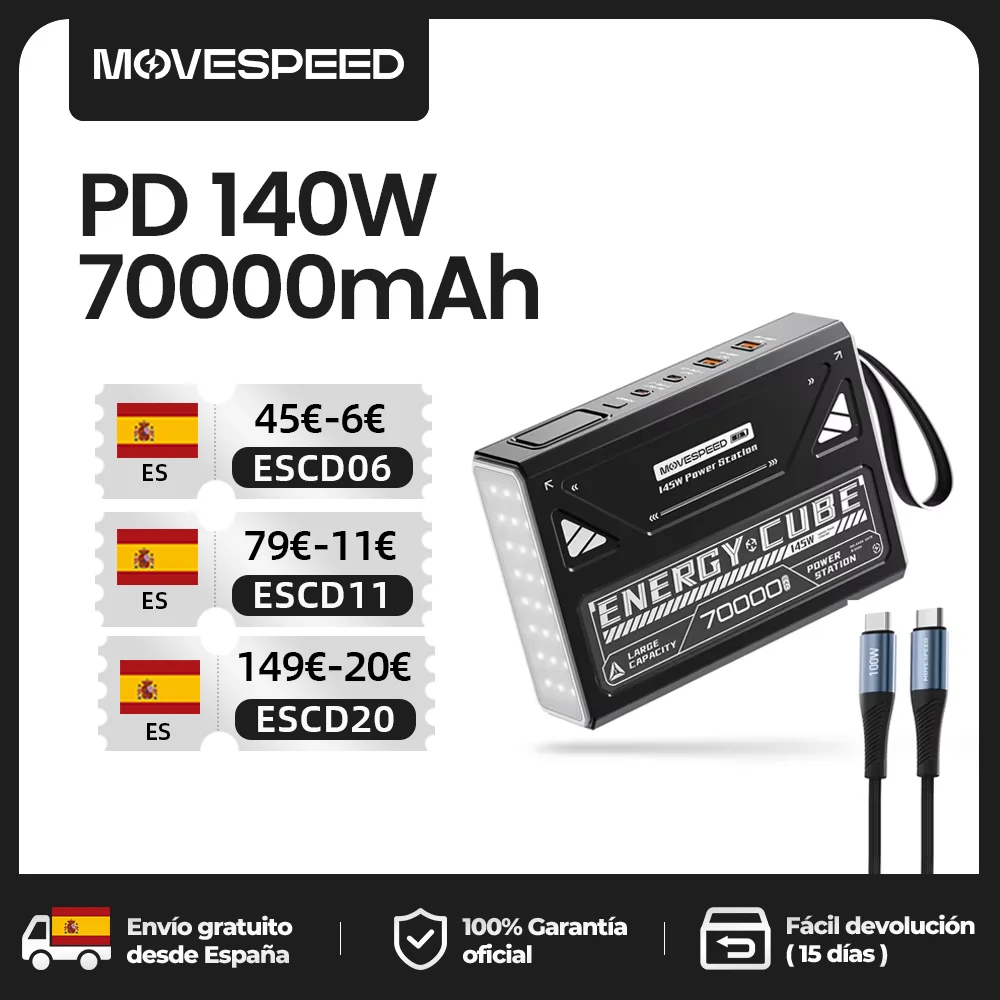 MOVESPEED Z70 Pro banco de energía de gran capacidad 140W carga rápida máxima cargador de batería externo para ordenador portátil para MacBook Pro Camping al aire libre