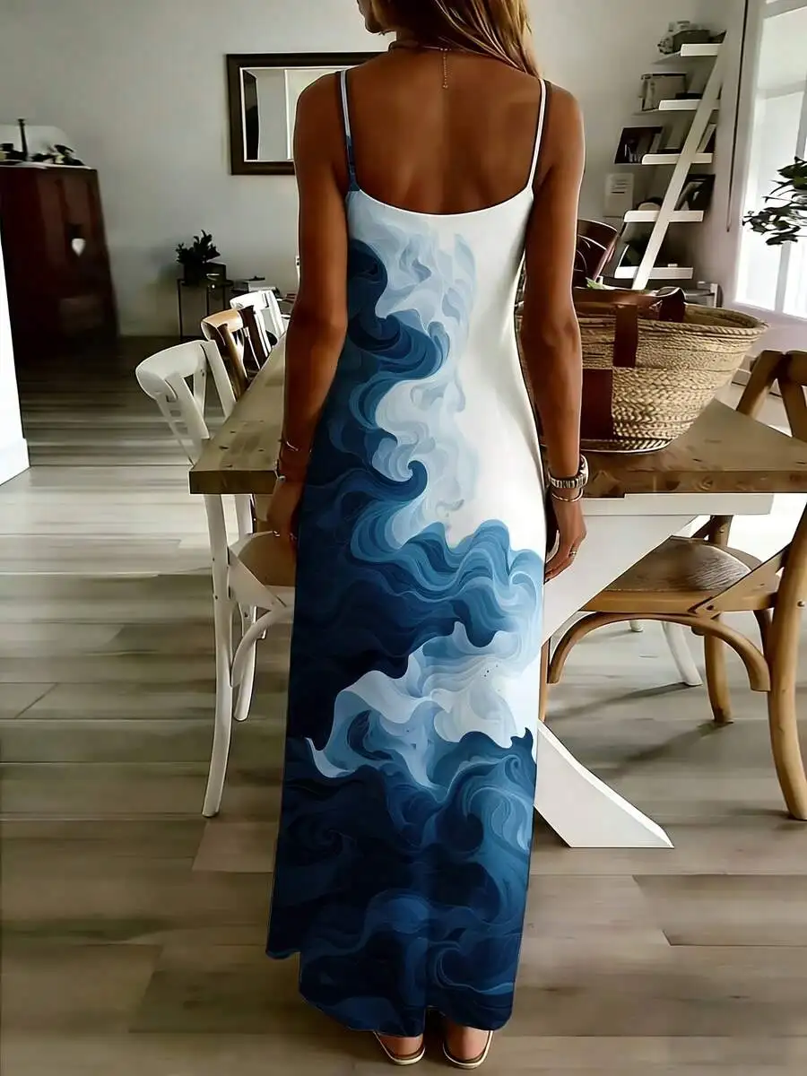 

Blue Wave Print Sleeveless V Neck Maxi Dress Women Flowing Long Casual Beach Summer Dress