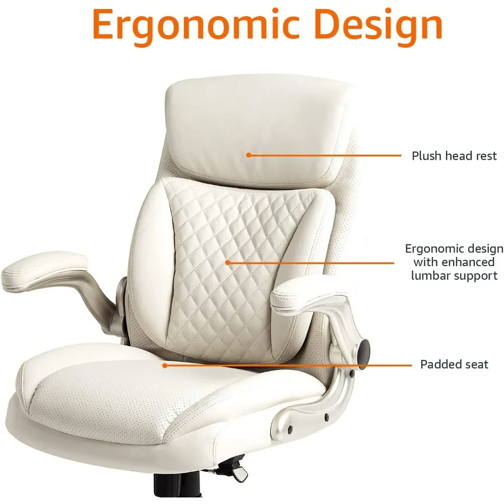 Ergonômica cadeira de escritório executivo com braços flip-up, altura ajustável, inclinação e apoio lombar, creme ligado couro